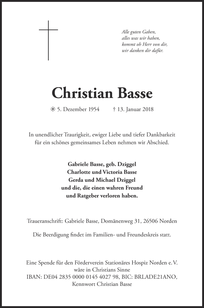  Traueranzeige für Christian Basse vom 15.01.2018 aus 