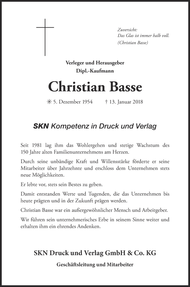  Traueranzeige für Christian Basse vom 15.01.2018 aus 