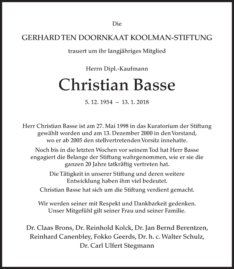  Traueranzeige für Christian Basse vom 17.01.2018 aus Ostfrisischer Kurier