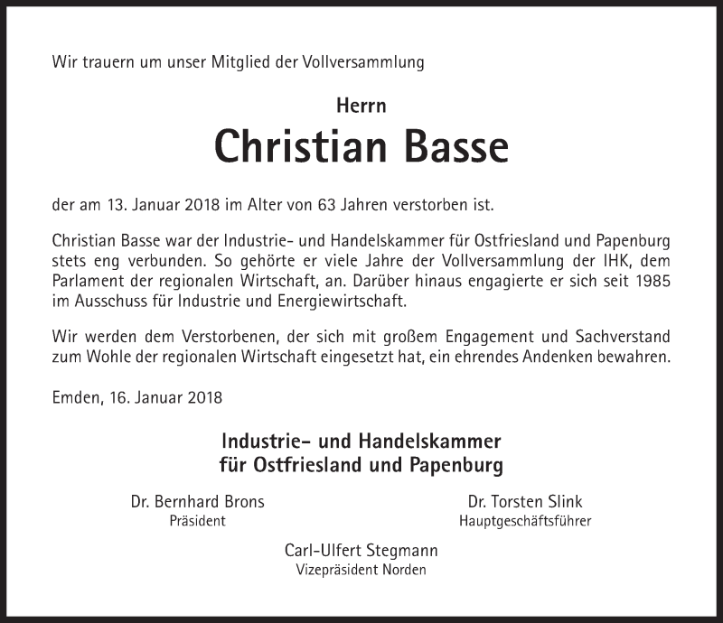  Traueranzeige für Christian Basse vom 17.01.2018 aus Ostfrisischer Kurier