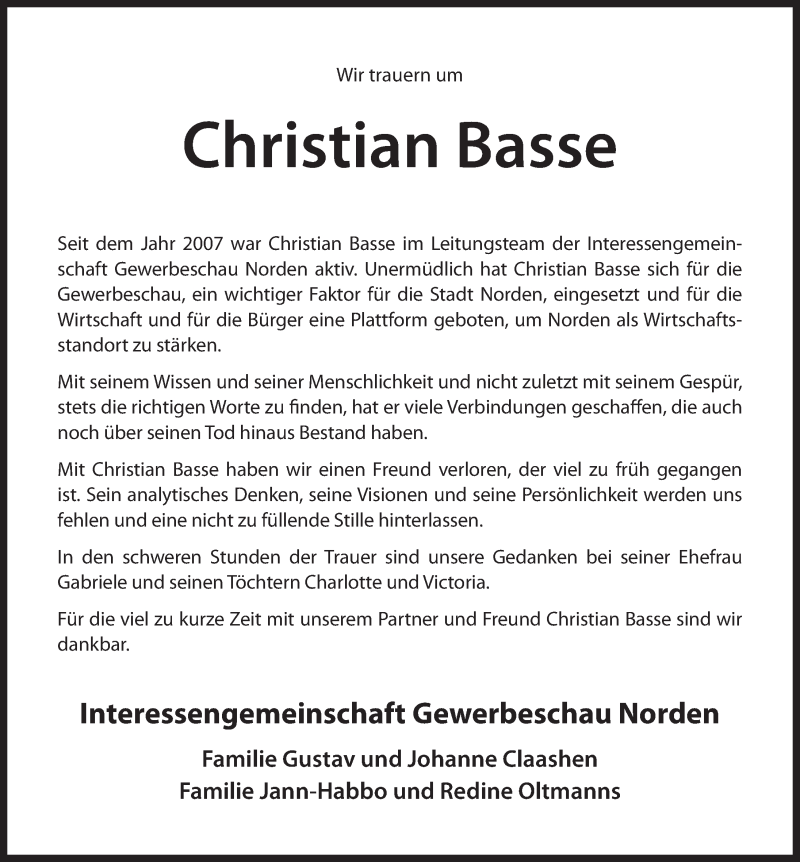  Traueranzeige für Christian Basse vom 17.01.2018 aus Ostfrisischer Kurier