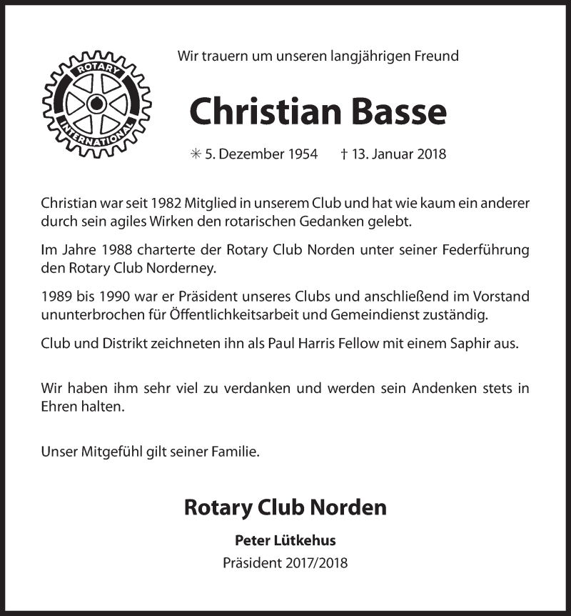  Traueranzeige für Christian Basse vom 16.01.2018 aus 