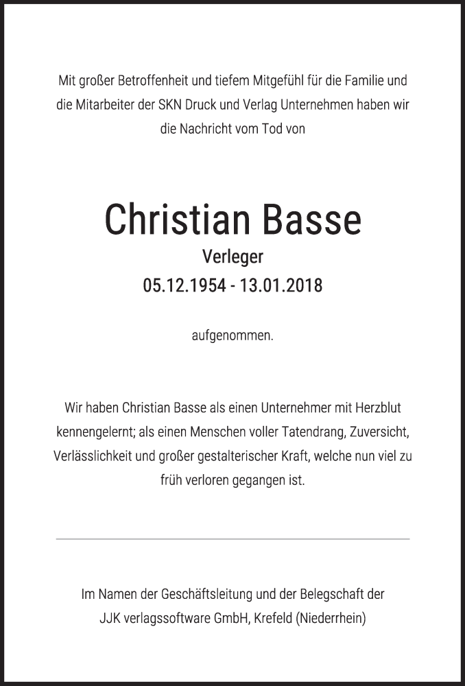  Traueranzeige für Christian Basse vom 17.01.2018 aus Ostfrisischer Kurier