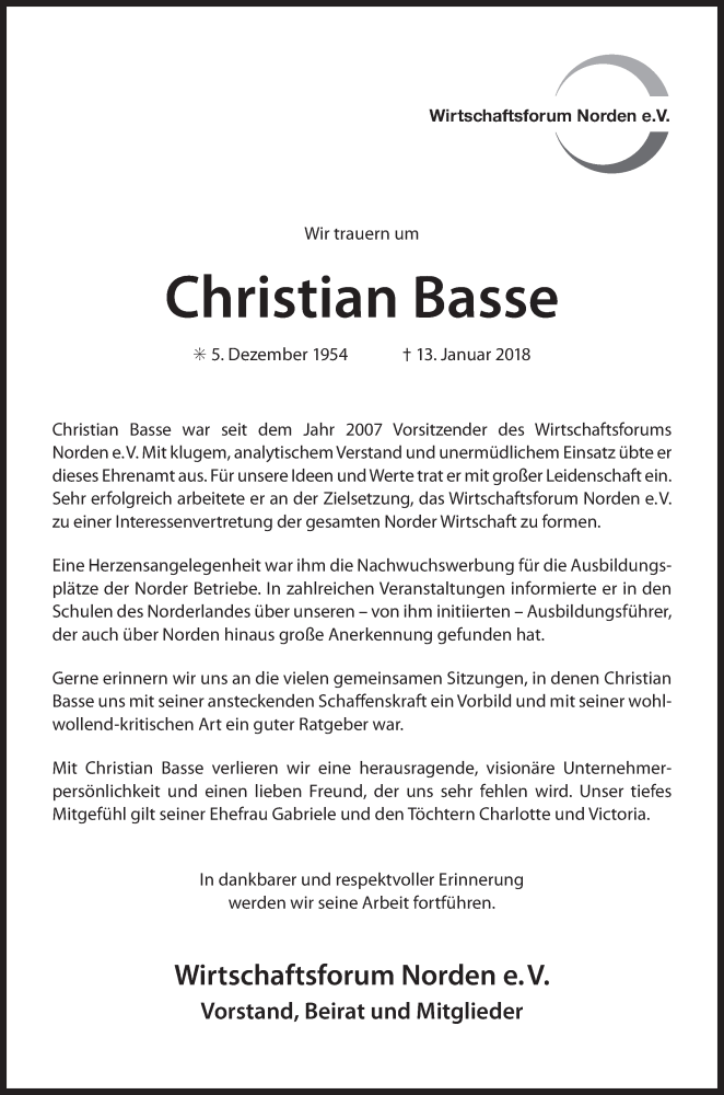  Traueranzeige für Christian Basse vom 16.01.2018 aus 