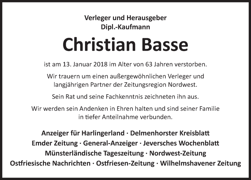  Traueranzeige für Christian Basse vom 17.01.2018 aus Ostfrisischer Kurier