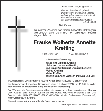Traueranzeige von Frauke Wolberta Annette Krefting 