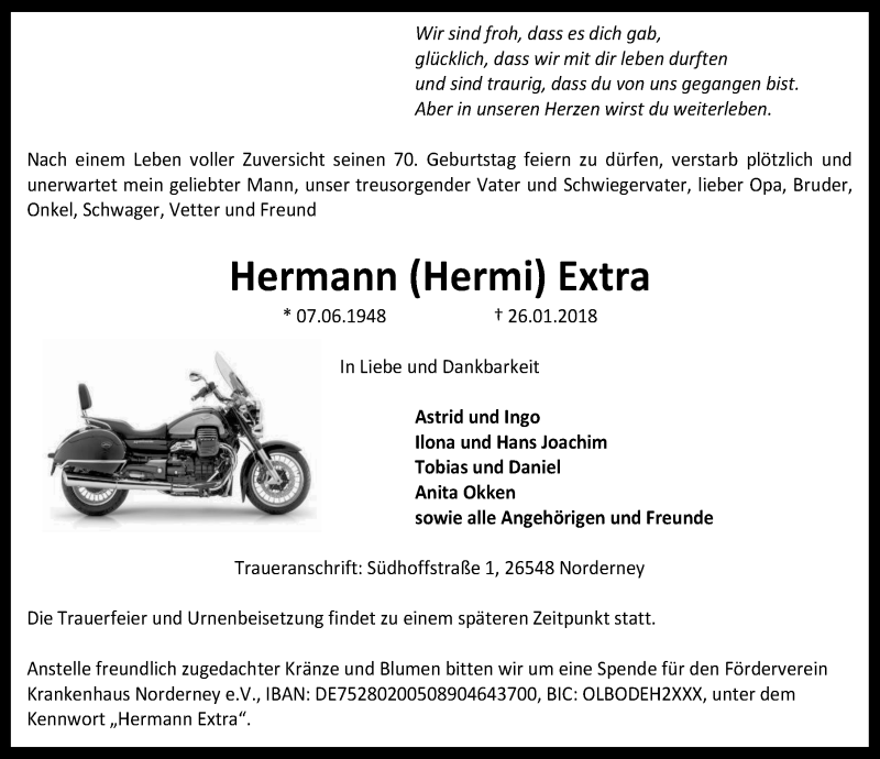  Traueranzeige für Hermann Extra vom 21.01.2018 aus 