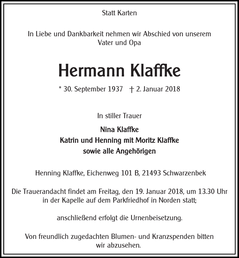  Traueranzeige für Hermann Klaffke vom 06.01.2018 aus 