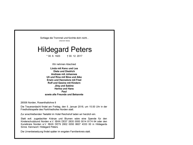  Traueranzeige für Hildegard Peters vom 02.01.2018 aus 