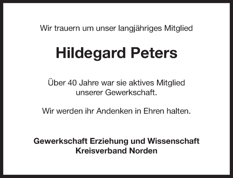  Traueranzeige für Hildegard Peters vom 04.01.2018 aus 