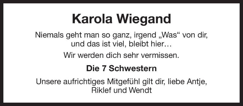  Traueranzeige für Karola Wiegand vom 06.01.2018 aus 