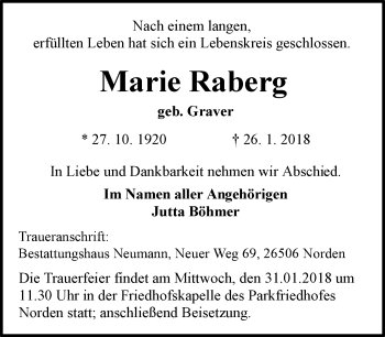 Traueranzeige von Marie Raberg 