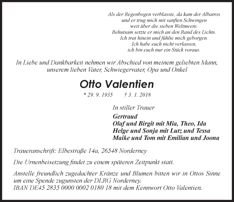  Traueranzeige für Otto Valentien vom 06.01.2018 aus 