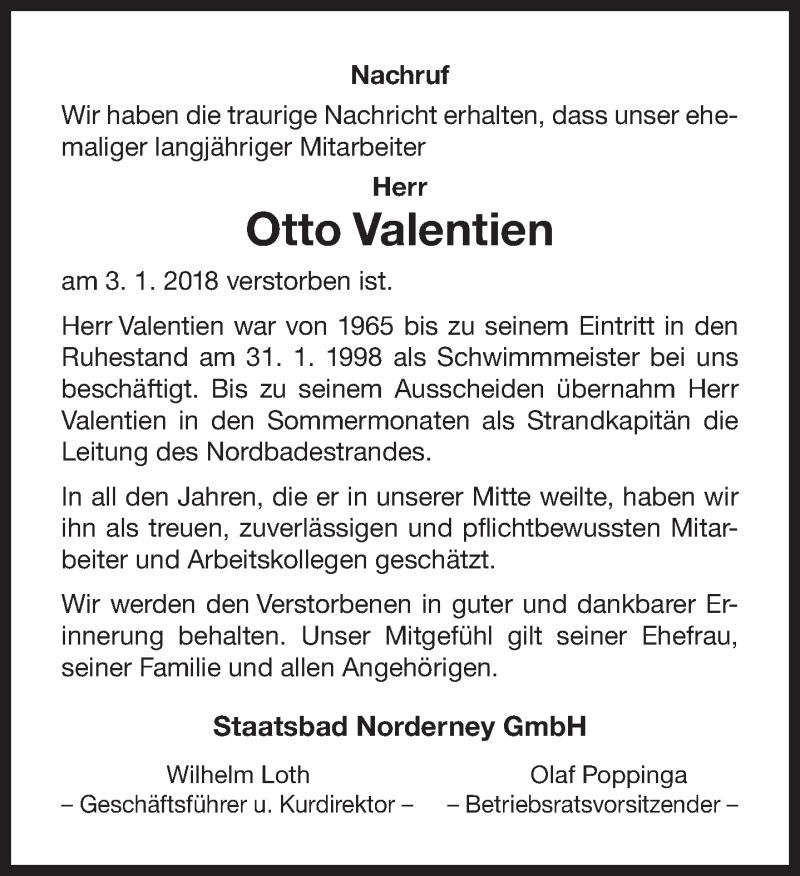  Traueranzeige für Otto Valentien vom 10.01.2017 aus 