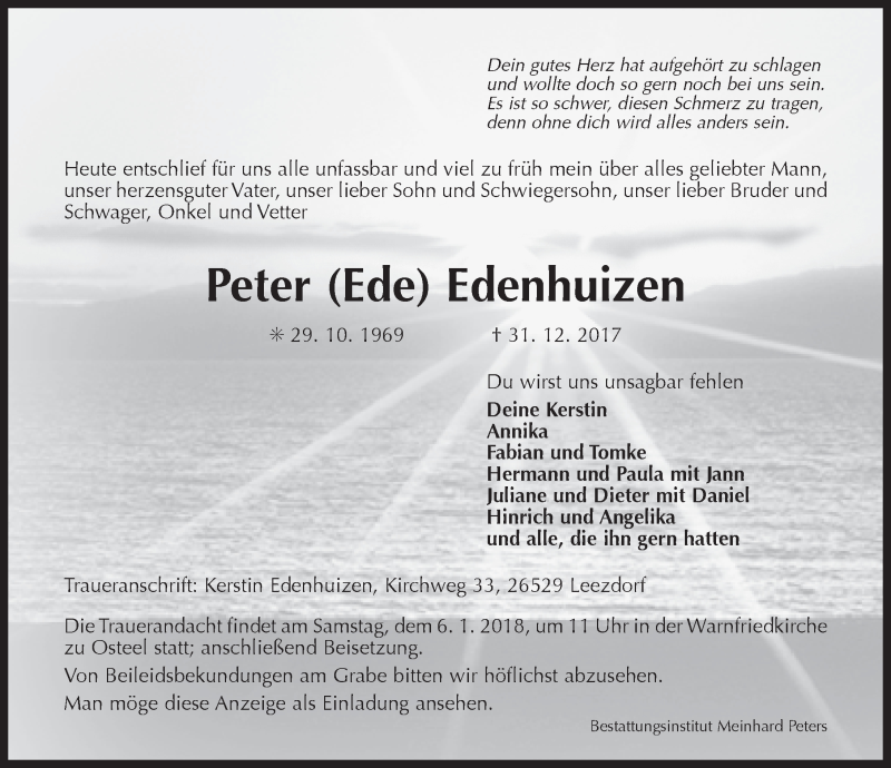  Traueranzeige für Peter Edenhuizen vom 04.01.2018 aus 