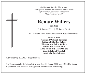 Traueranzeige von Renate Willers 