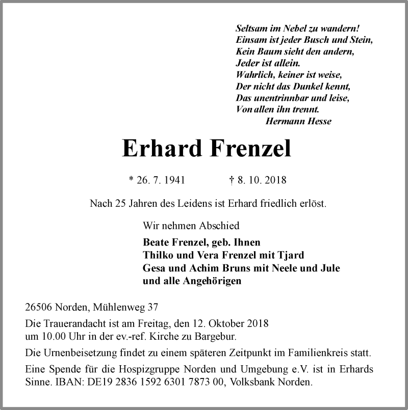  Traueranzeige für Erhard Frenzel vom 10.10.2018 aus 
