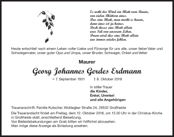 Traueranzeige von Georg Johannes Gerdes Erdmann 