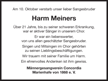 Traueranzeige von Harm Meiners von Ostfrisischer Kurier