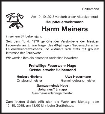 Traueranzeige von Harm Meiners 