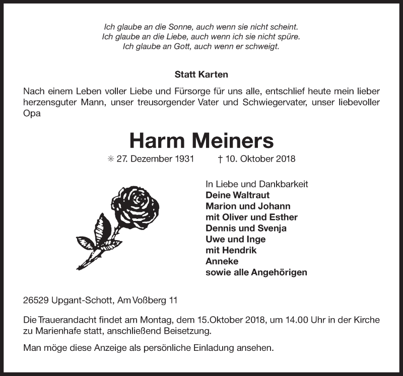  Traueranzeige für Harm Meiners vom 12.10.2018 aus 