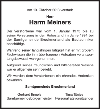 Traueranzeige von Harm Meiners 