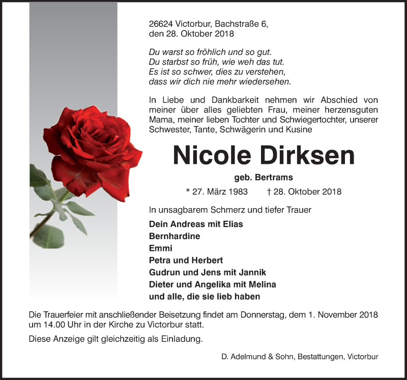  Traueranzeige für Nicole Dirksen vom 30.10.2018 aus 