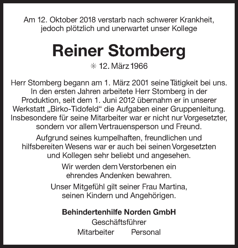  Traueranzeige für Reiner Stomberg vom 16.10.2018 aus 