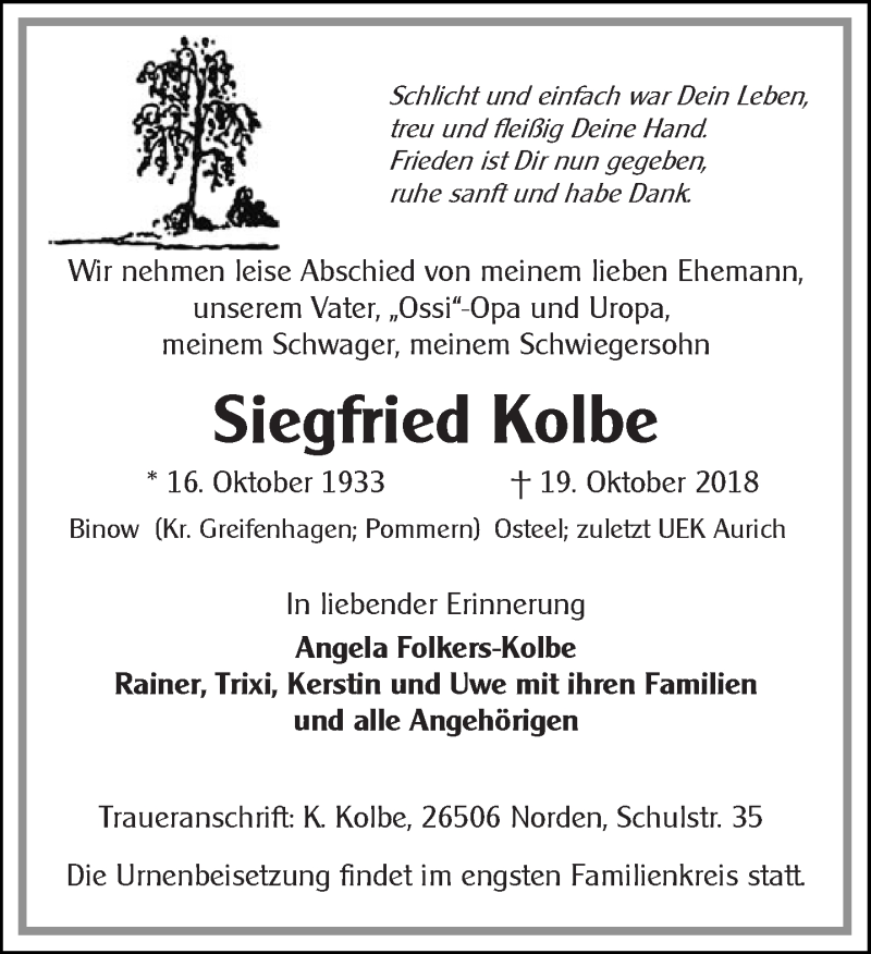  Traueranzeige für Siegfried Kolbe vom 23.10.2018 aus 