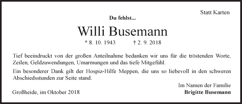  Traueranzeige für Willi Busemann vom 06.10.2018 aus 