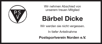 Traueranzeige von Bärbel Dicke 