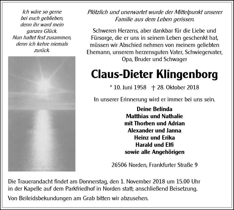  Traueranzeige für Claus-Dieter Klingenborg vom 01.11.2018 aus 