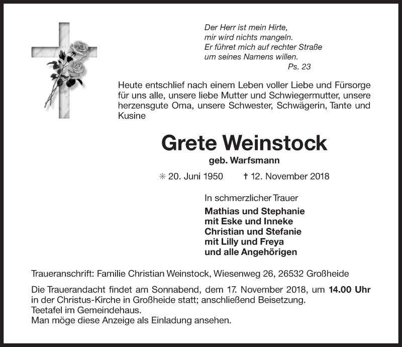  Traueranzeige für Grete Weinstock vom 14.11.2018 aus 