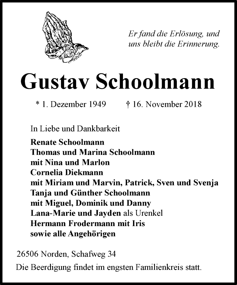  Traueranzeige für Gustav Schoolmann vom 19.11.2018 aus 