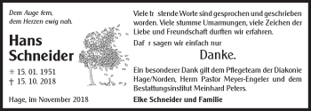 Traueranzeige von Hans Schneider 