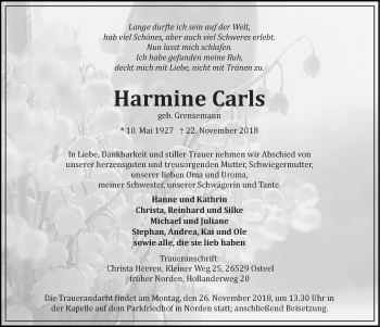 Traueranzeige von Harmine Carls 
