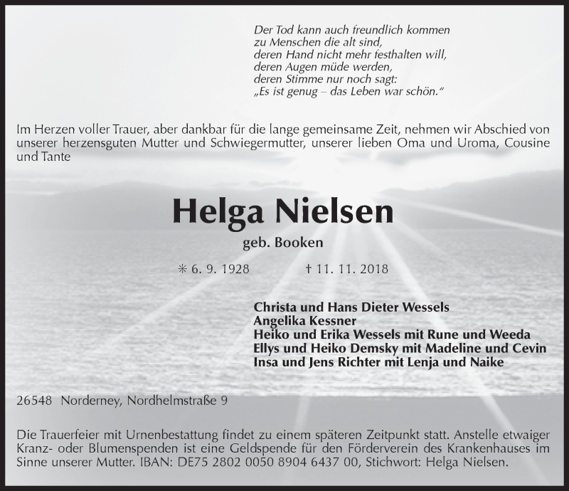  Traueranzeige für Helga Nielsen vom 14.11.2018 aus 