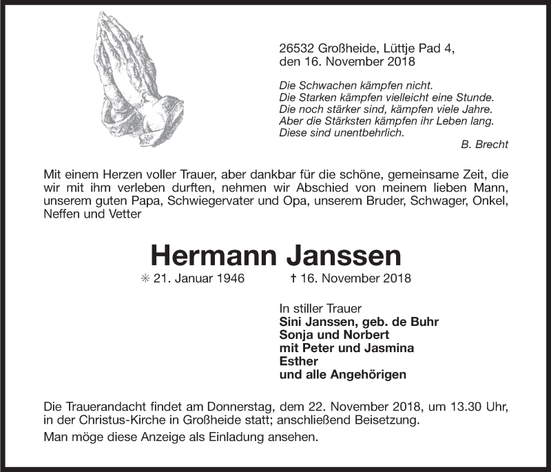  Traueranzeige für Hermann Janssen vom 19.11.2018 aus 