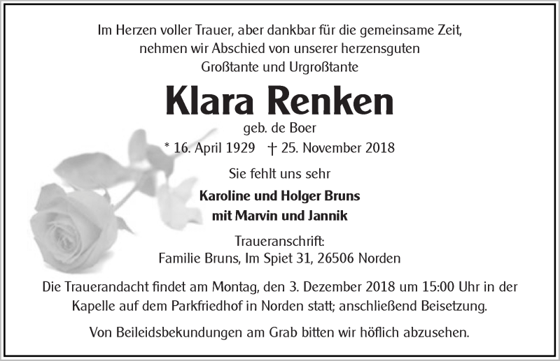  Traueranzeige für Klara Renken vom 28.11.2018 aus 