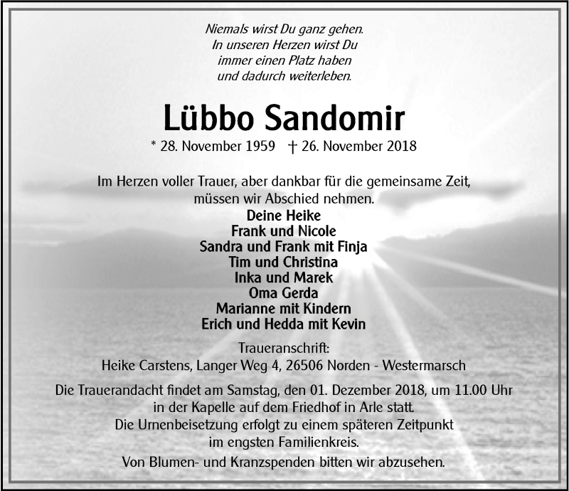  Traueranzeige für Lübbo Sandomir vom 29.11.2018 aus 