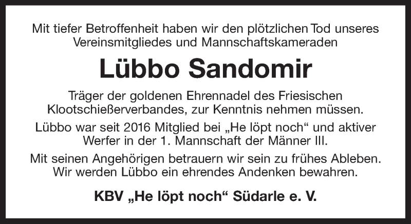  Traueranzeige für Lübbo Sandomir vom 30.11.2018 aus 