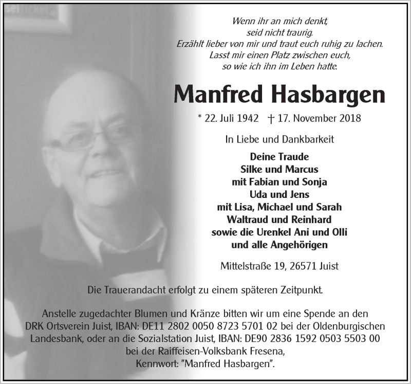 Traueranzeige für Manfred Hasbargen vom 24.11.2018 aus 