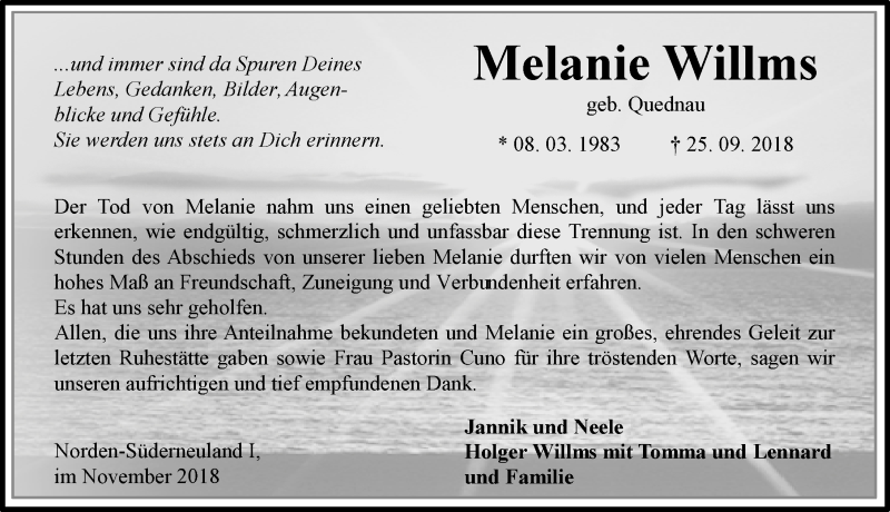  Traueranzeige für Melanie Willms vom 10.11.2018 aus 