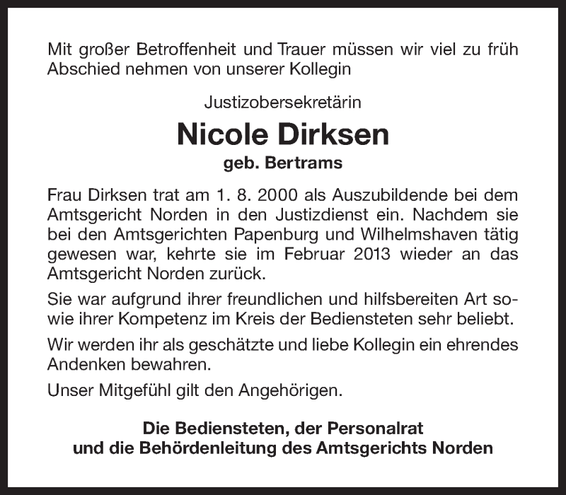  Traueranzeige für Nicole Dirksen vom 01.11.2018 aus 