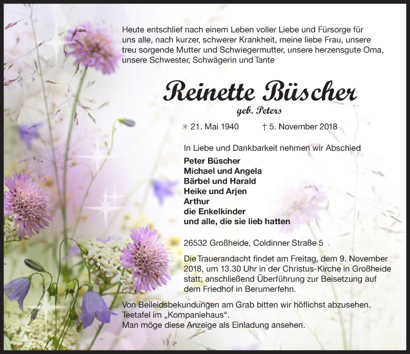  Traueranzeige für Reinette Büscher vom 06.11.2018 aus 