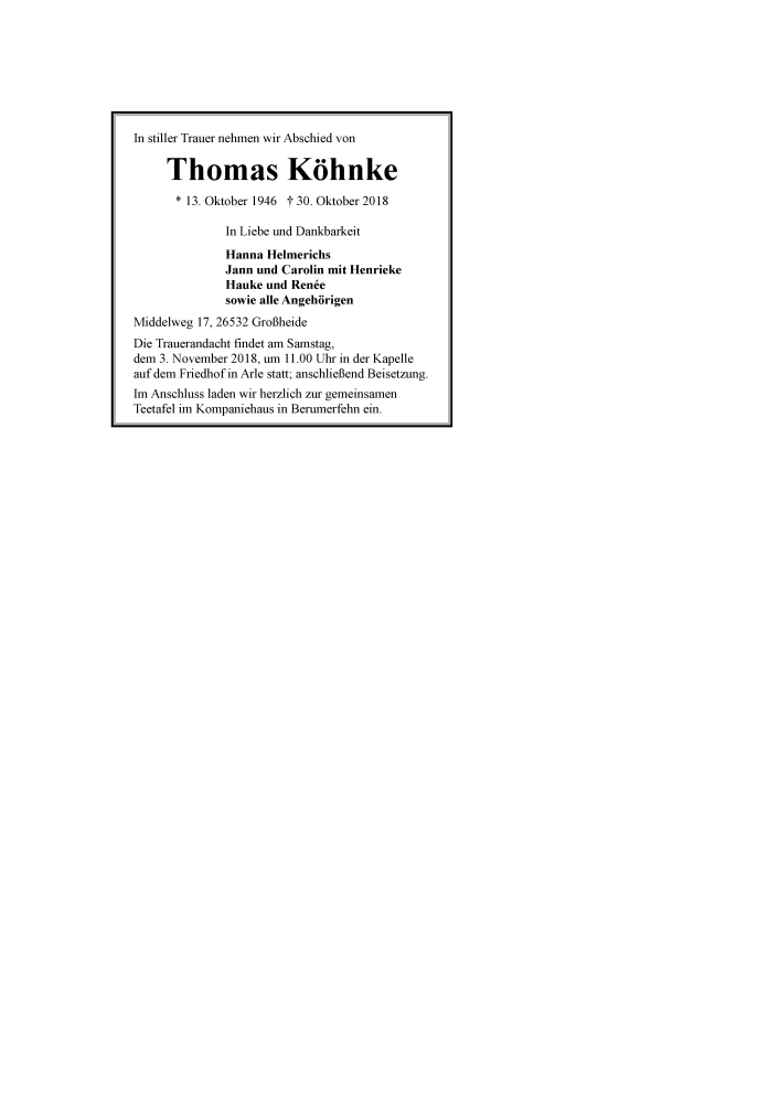  Traueranzeige für Thomas Köhnke vom 01.11.2018 aus 