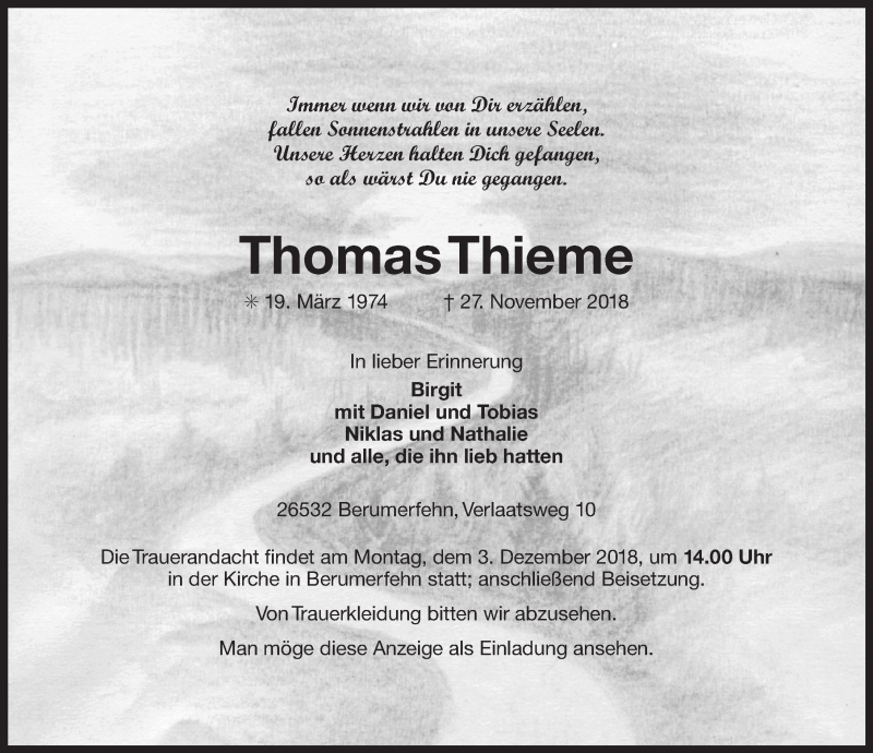  Traueranzeige für Thomas Thieme vom 29.11.2018 aus 