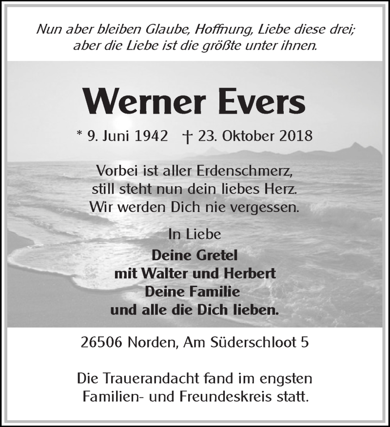 Traueranzeige für Werner Evers vom 13.11.2018 aus 