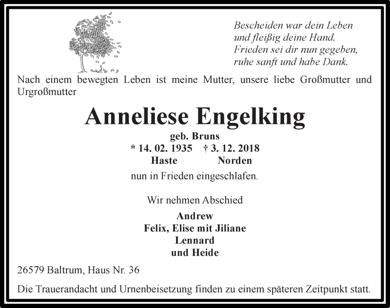  Traueranzeige für Anneliese Engelking vom 08.12.2018 aus 