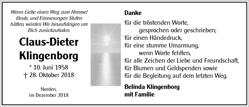  Traueranzeige für Claus-Dieter Klingenborg vom 08.12.2018 aus 